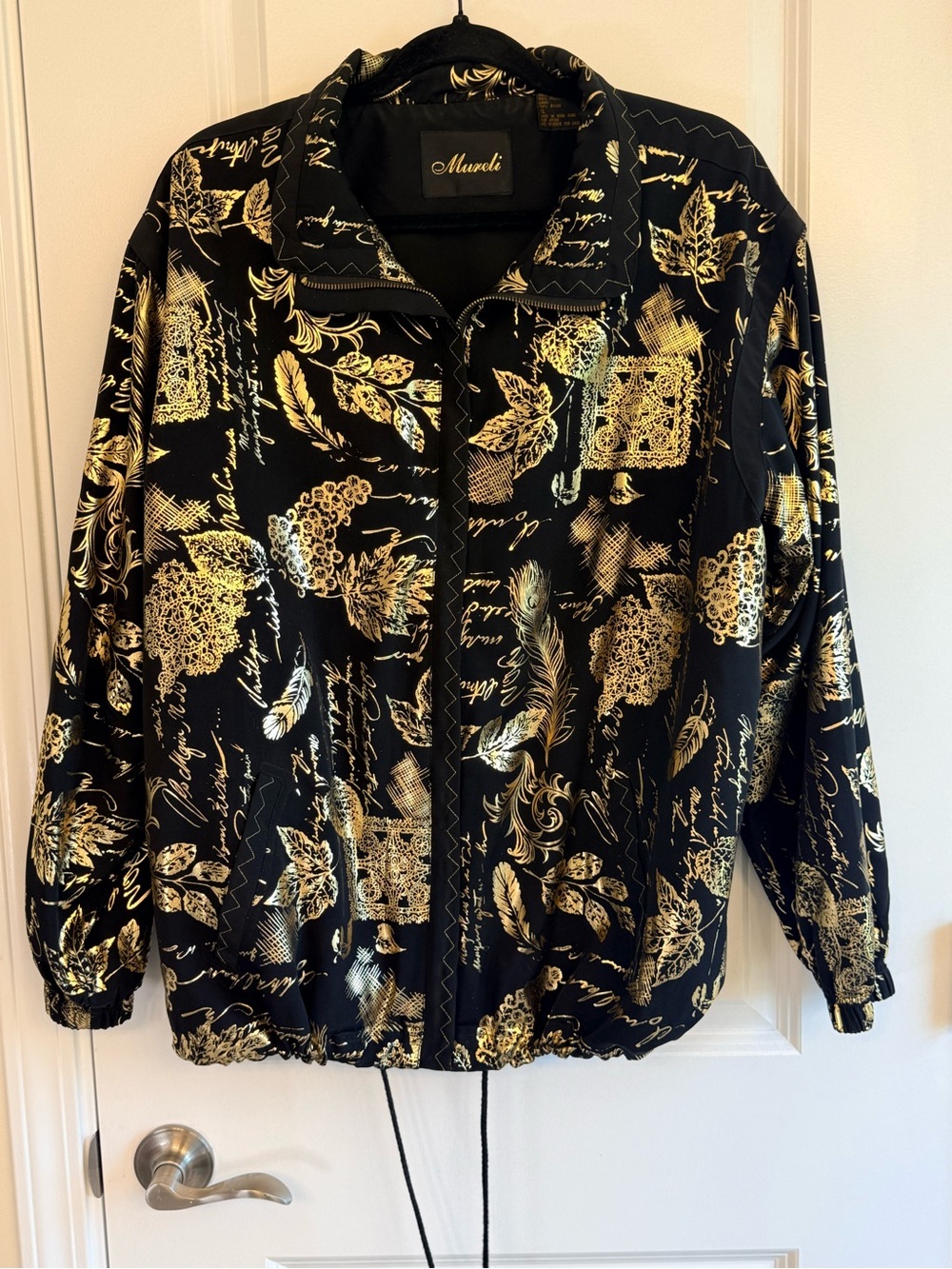 Mureli Black Gold Baroque Floral Script Lightweight Jacket XL Vintage Style